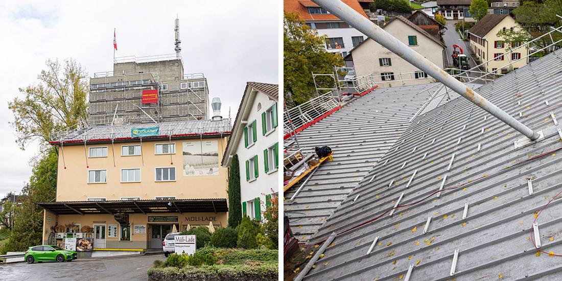 Die Montage der rund 270 Solarpanels ist in vollem Gange. Vorbereitungen auf dem Dach, um die Panels zu montieren.