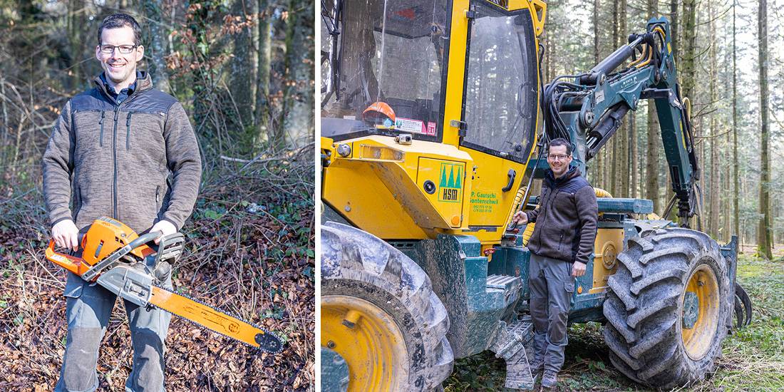 Björn Gygli freut sich auf die neuen Herausforderungen als Förster. Rechts: Auch Arbeiten mit dem Forstschlepper gehören zu den Aufgaben.