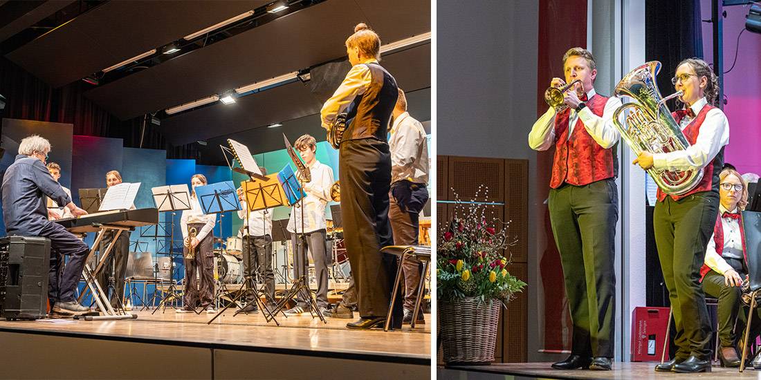 Das Blechbläserensemble der Musikschule Seengen. Rechts: Solist Daniel Hauser und Solistin Tamara Muff.