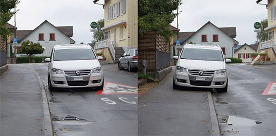 Das Fahrzeug hat auf einer Nebenstrasse innerorts richtig parkiert (kein Parkverbot, keine Strassenverzweigung) und lässt dem Fahrverkehr genügend Platz (Bild links). Das Fahrzeug auf dem Trottoir behindert die Fussgänger. OB-Ziff. 228.1 Parkieren auf dem Trottoir Fr. 120.– (Bild rechts)
