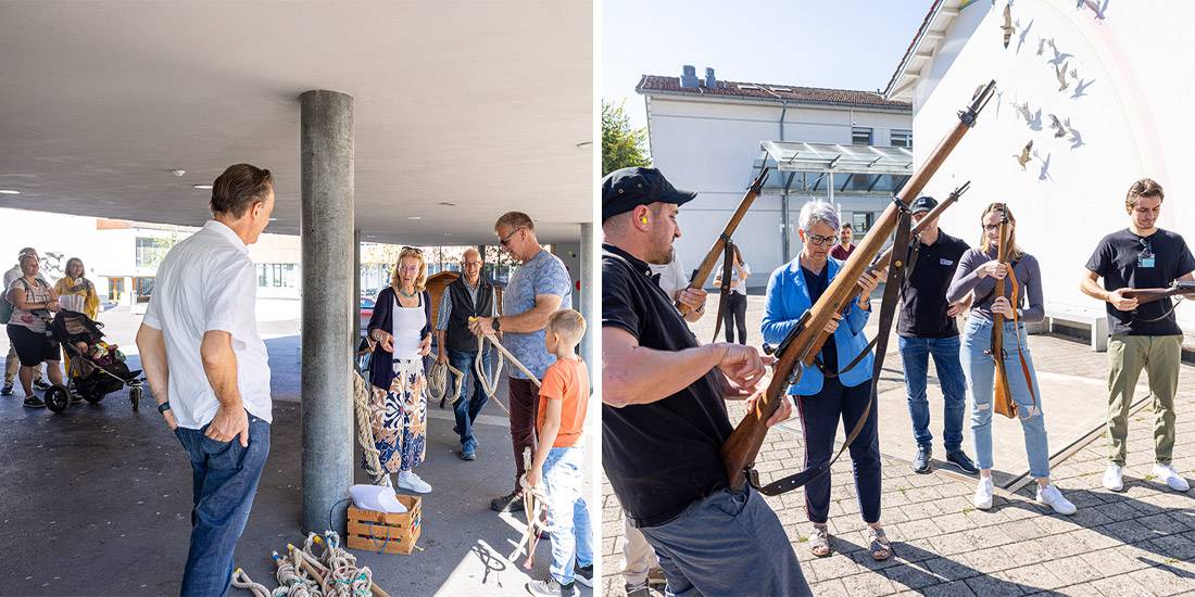 Unter fachkundiger Anleitung konnte man einiges selbst versuchen. Rechts: Simon Häusermann von den Freischaren erklärt die Karabiner.