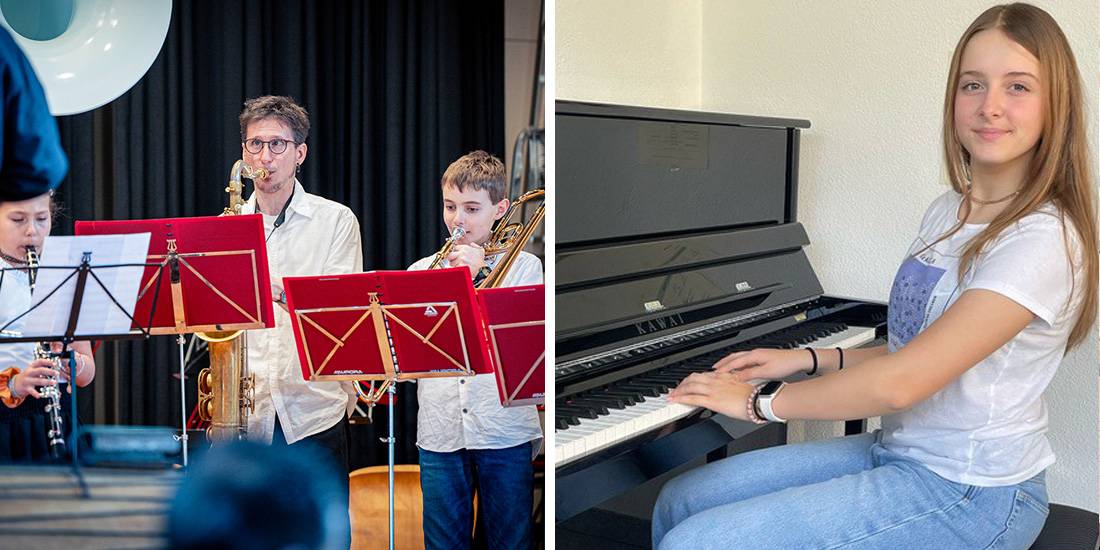 Severin Häfeli ist Leiter der Musikschule. Rechts: Musikschülerin Lara Lienhard, die bei Camarata Aargau Süd mitspielen darf.