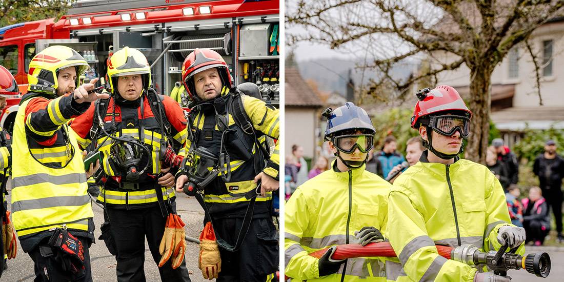 Leutnant Kevin Bosshard (links) leitete die Hauptübung, bei welcher auch die Jugendfeuerwehr im Einsatz stand.