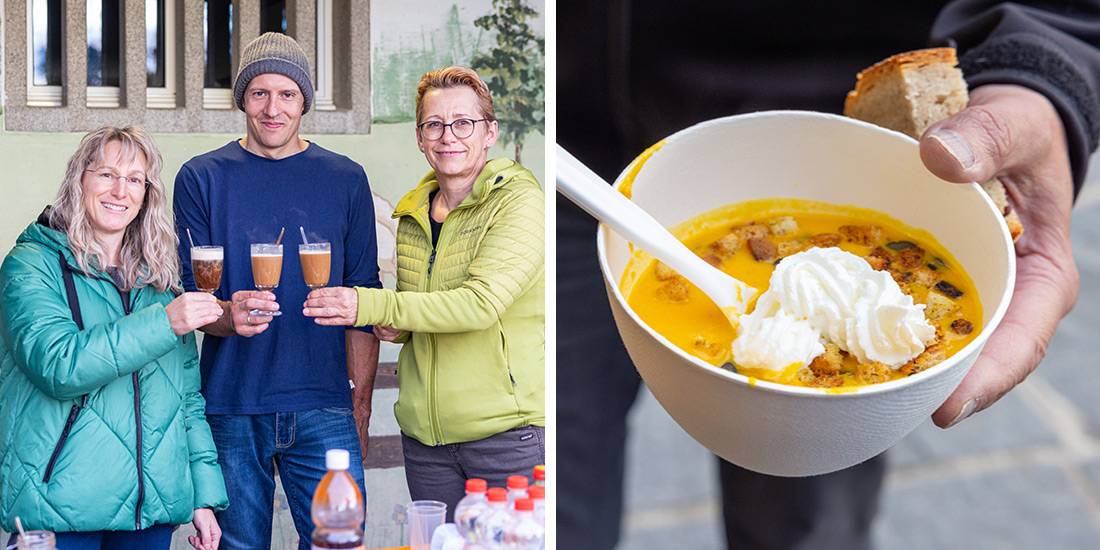 Stossen aufs Kürbissuppenessen an: Eveline, Andreas und Yvonne. Feine Kürbissuppe aus lokalen Kürbissen zubereitet.