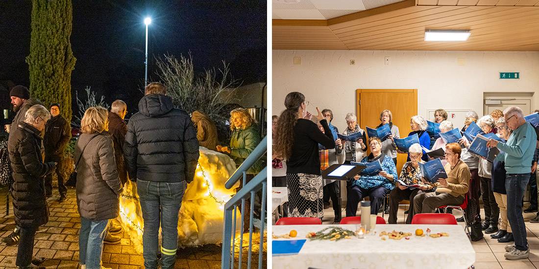 Winterliche Atmosphäre vor dem Gemeinsaal dank der Schneebar. Chor Allegro: Stimmte mit weihnachtlichen Klängen in den Abend ein.