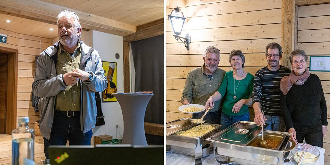 Felix Matthias Informierte über die Zukunft des Huus74. Rechts: Bekannte Gesichter des Huus74 schöpften das Nachtessen.