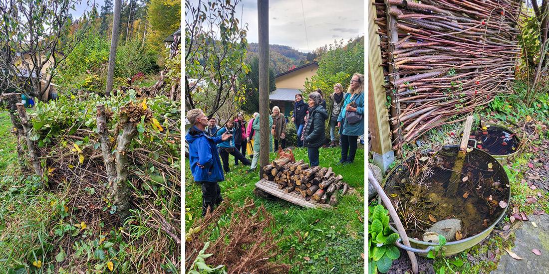 Astbeige für Kleintiere wie Igel und Insekten. Inputs von Velogärtner Martin Bucher. Miniteiche, beliebt bei verschiedenen Tieren.